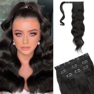 Flufymooz 4PCS Half Up Half Down Ponytail Extension Set, Fake Ponytail Soft Synt